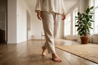 Femme marchant pieds nus sur un plancher en bois dans un appartement minimaliste, posture naturelle et détendue