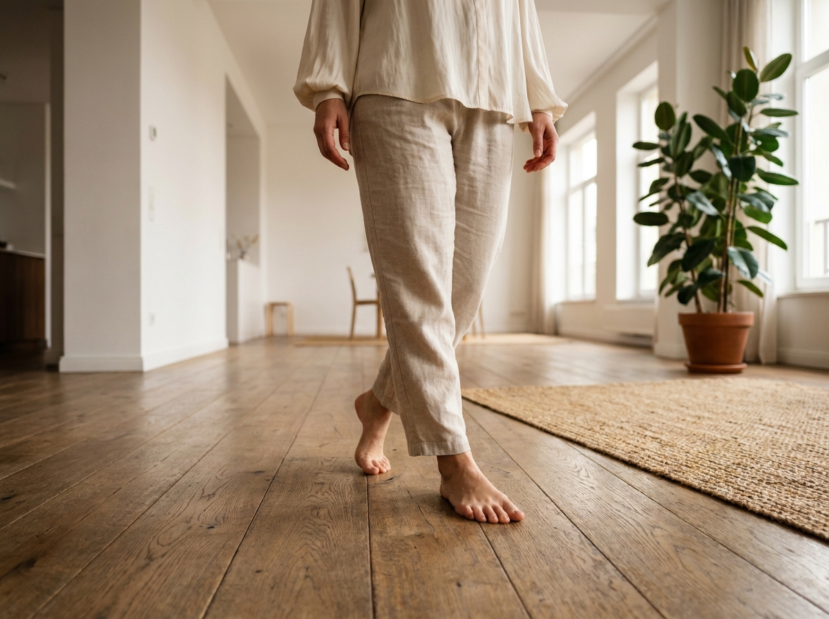 Femme marchant pieds nus sur un plancher en bois dans un appartement minimaliste, posture naturelle et détendue