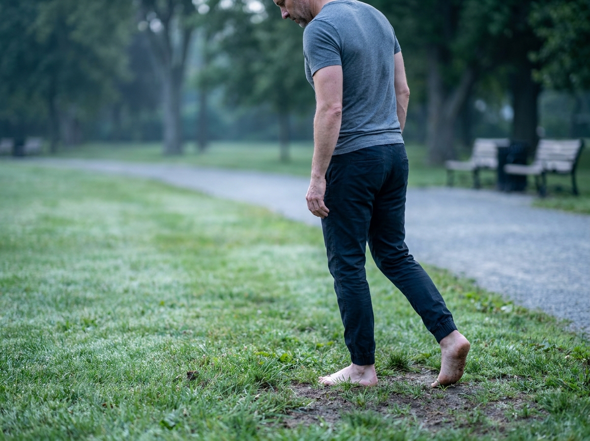 Homme marchant pieds nus sur l'herbe dans un parc urbain, contact direct avec le sol naturel