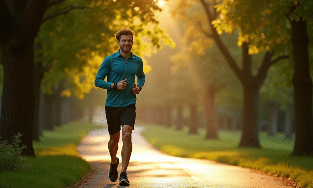 Jeune adulte marchant dans un parc ensoleille avec tracker fitness