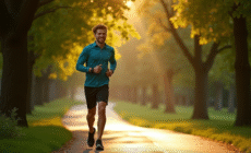 Jeune adulte marchant dans un parc ensoleille avec tracker fitness