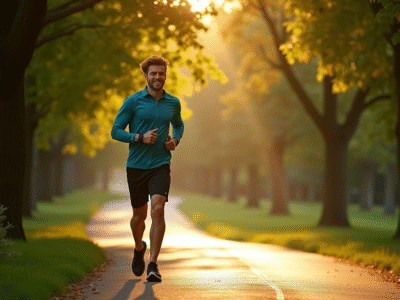 Jeune adulte marchant dans un parc ensoleille avec tracker fitness