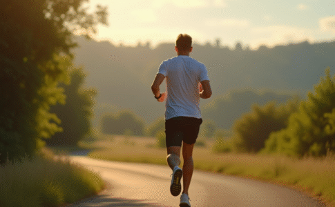 Marcheur sportif en plein air sur sentier en nature avec tracker