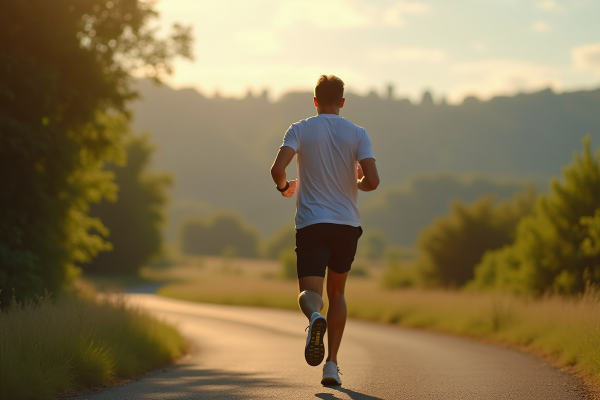 Marcheur sportif en plein air sur sentier en nature avec tracker