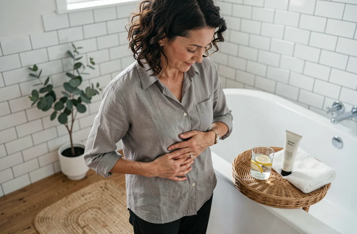 Femme d'âge moyen massant son ventre dans une salle de bain minimaliste avec de l'huile de ricin et de l'eau citronnée, technique douce pour soulager la constipation