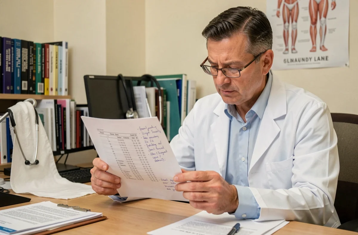 Médecin analysant un bilan sanguin avec des D dimères élevés lors d'une consultation médicale