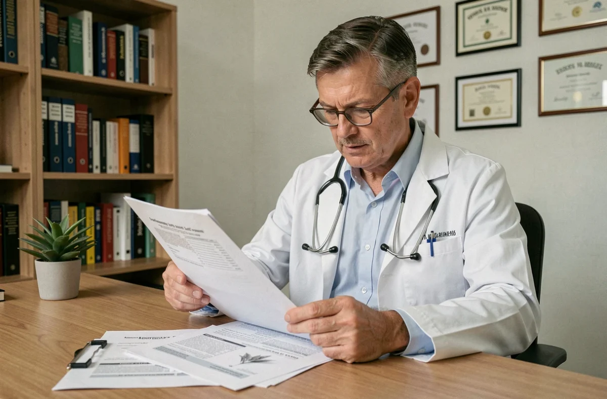 Médecin analysant les étiquettes d'ingrédients d'un produit détox à base de plantes dans son cabinet médical