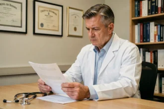 Médecin examinant des documents médicaux relatifs aux risques du système Indiva