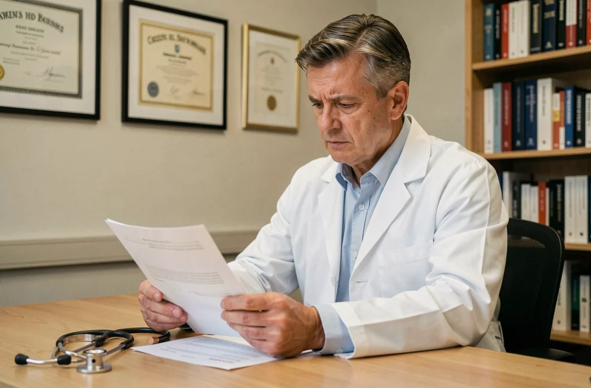 Médecin examinant des documents médicaux relatifs aux risques du système Indiva