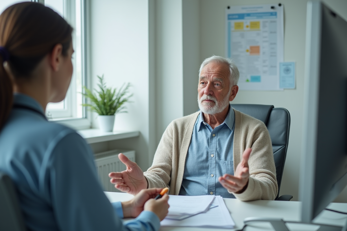 Homme âgé en consultation médicale écoute attentivement la nurse