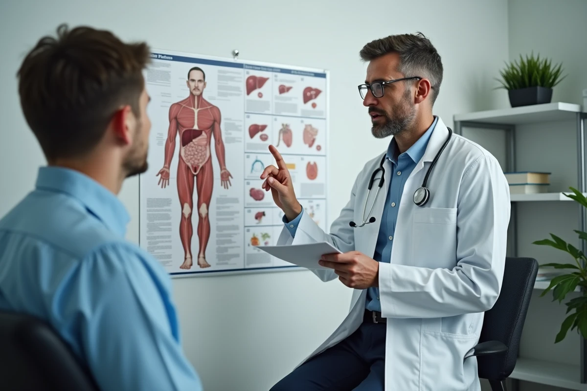 Medecin expliquant un diagramme de foie au patient