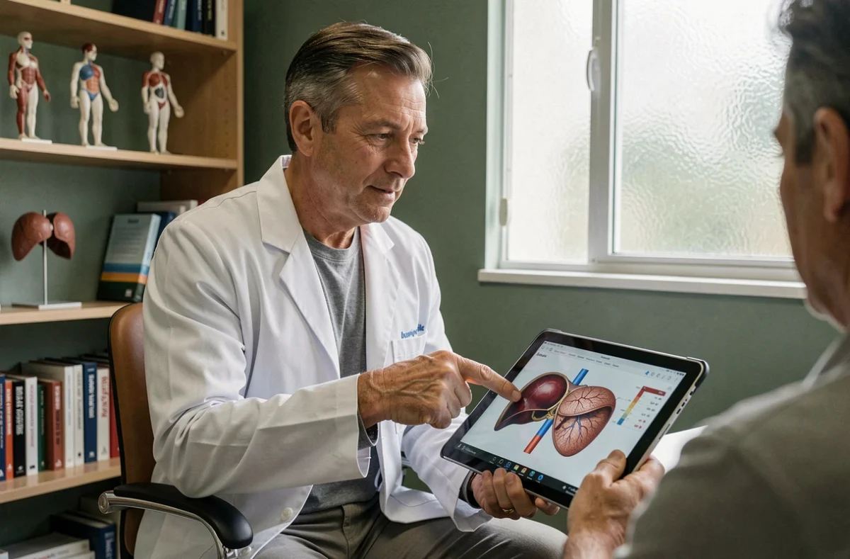 Médecin expliquant les risques d'un excès de ferritine dans le sang à l'aide d'une tablette numérique lors d'une consultation
