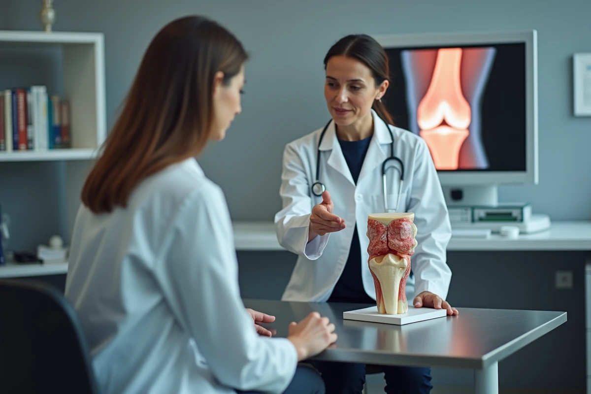 Médecin expliquant la patte d'oie du genou à un patient à l'aide d'un modèle anatomique lors d'une consultation orthopédique