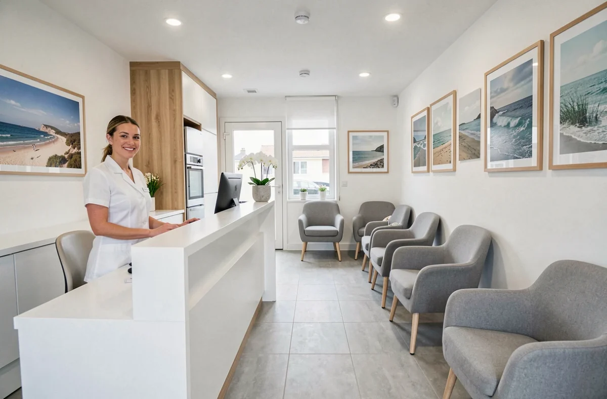 Intérieur d'une clinique dentaire moderne en Bretagne avec une ambiance accueillante et une décoration inspirée du littoral