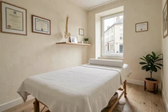 Salle de consultation d'ostéopathie dans l'Ain avec table de traitement, modèle anatomique et diplômes encadrés