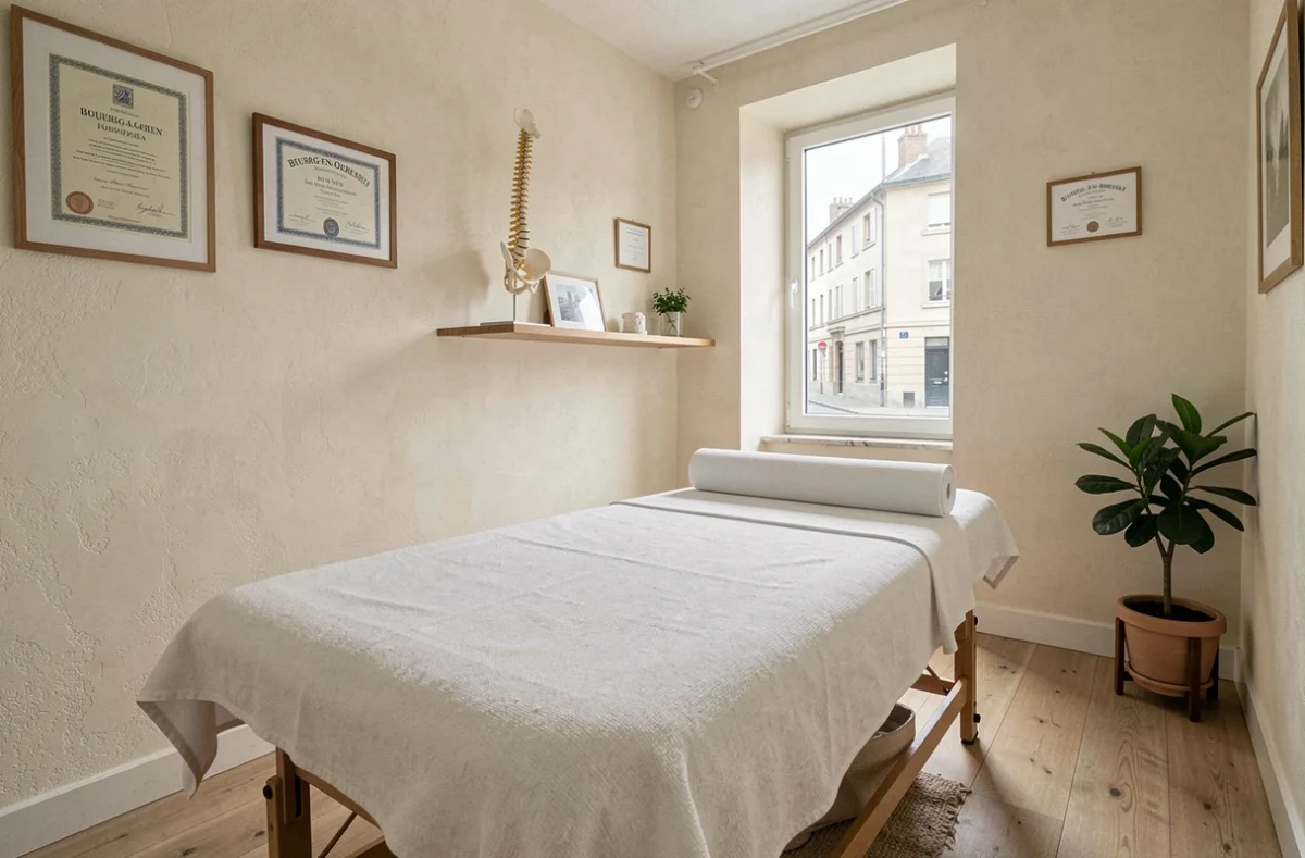 Salle de consultation d'ostéopathie dans l'Ain avec table de traitement, modèle anatomique et diplômes encadrés