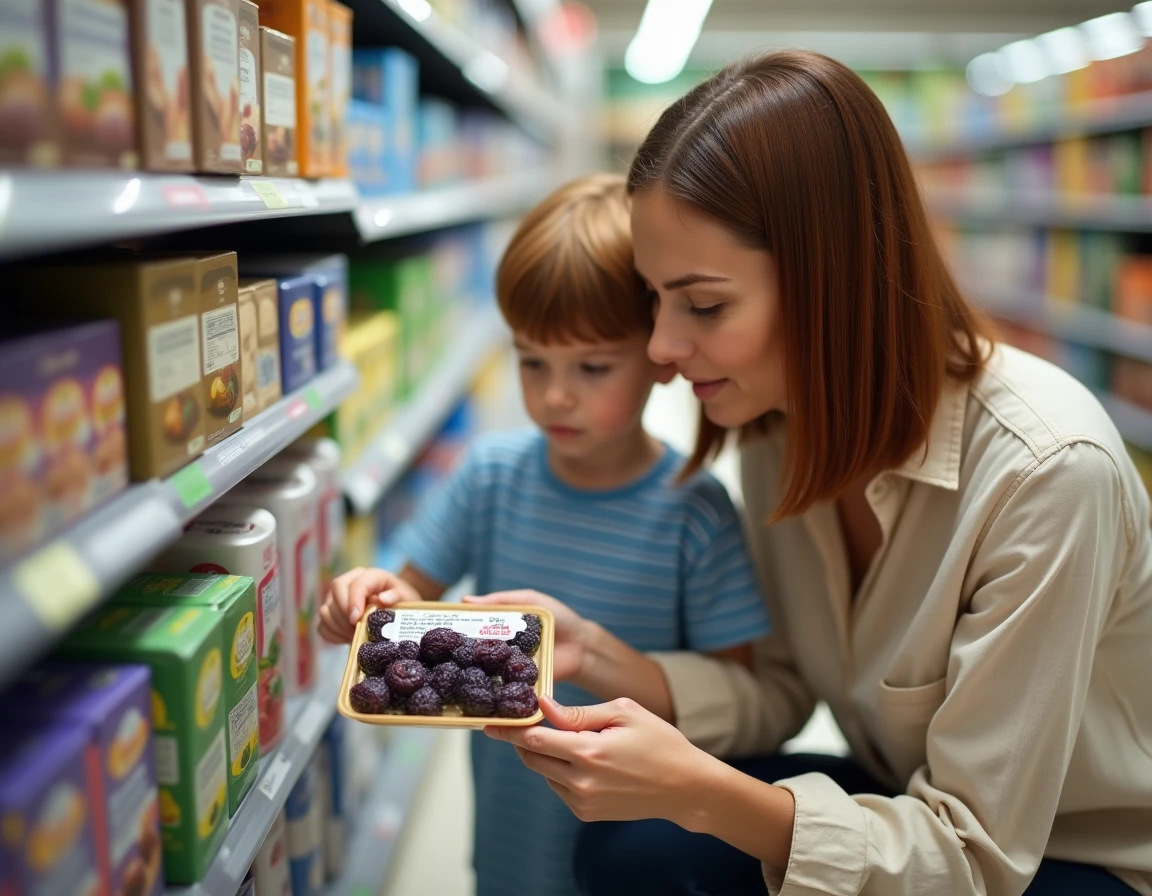 Mère lisant l'étiquette nutritionnelle d'un paquet de pruneaux avec son jeune fils dans un supermarché