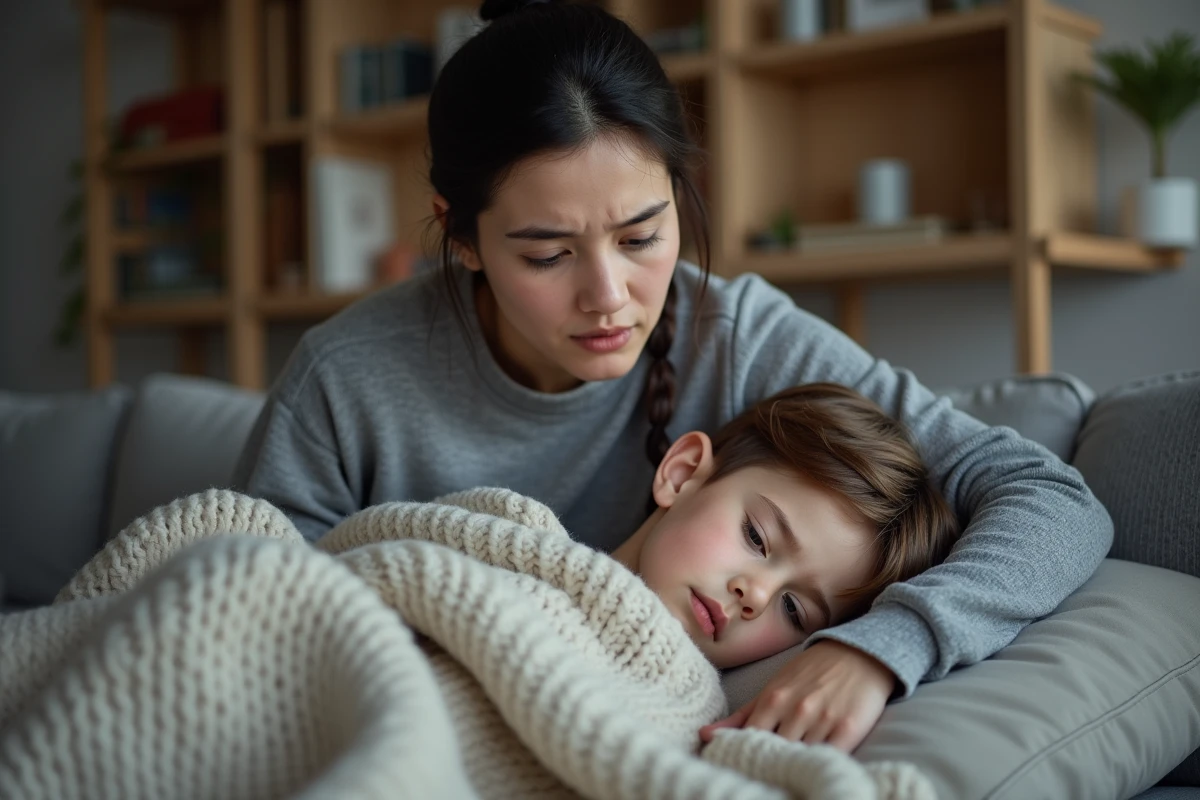 Mère inquiète surveillant son enfant malade couché sur le canapé avec de la fièvre et de la toux
