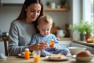 Mère lisant la notice d'un médicament avec son jeune enfant dans la cuisine, conseils sur les probiotiques et antibiotiques pour enfants
