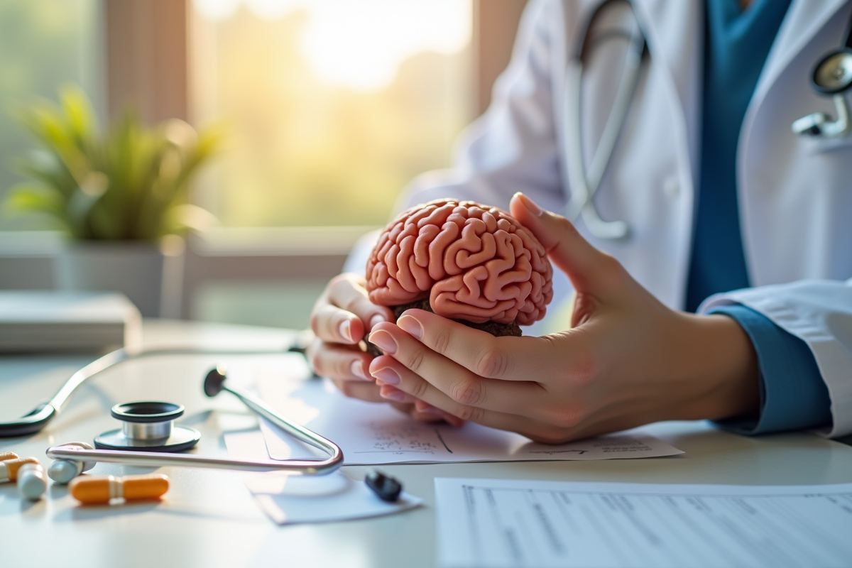 Main tenant un modele du cerveau et des nerfs en lumière naturelle