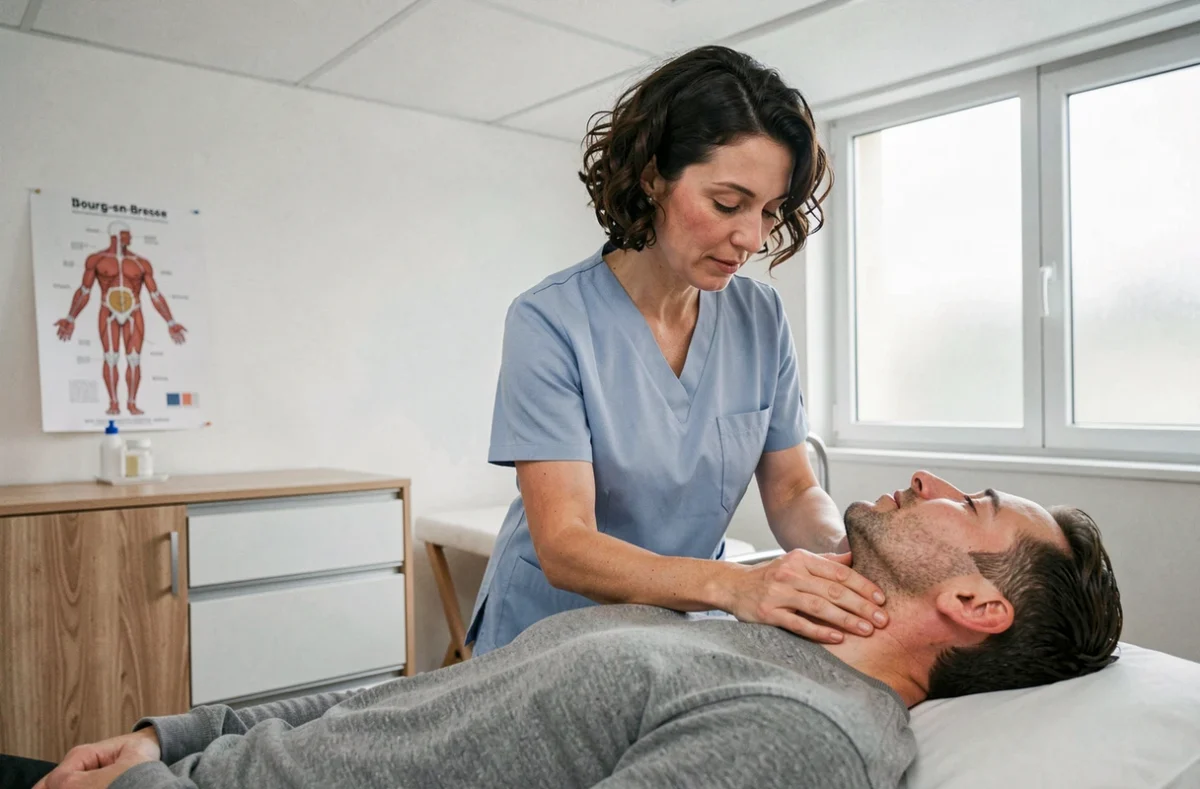 Nadia Chardon Lingot, ostéopathe à Bourg-en-Bresse, effectuant une palpation cervicale sur un patient allongé