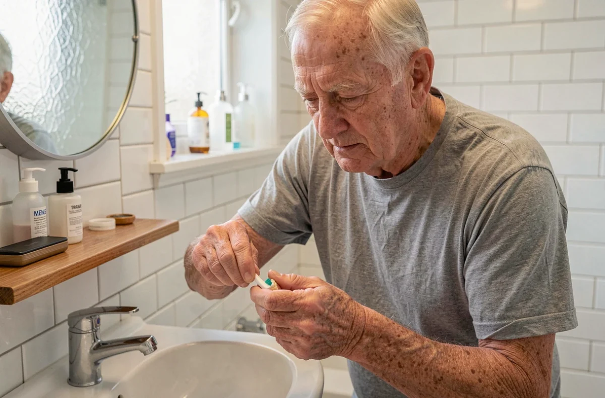 Homme senior nettoyant son dentier amovible sans palais dans la salle de bain