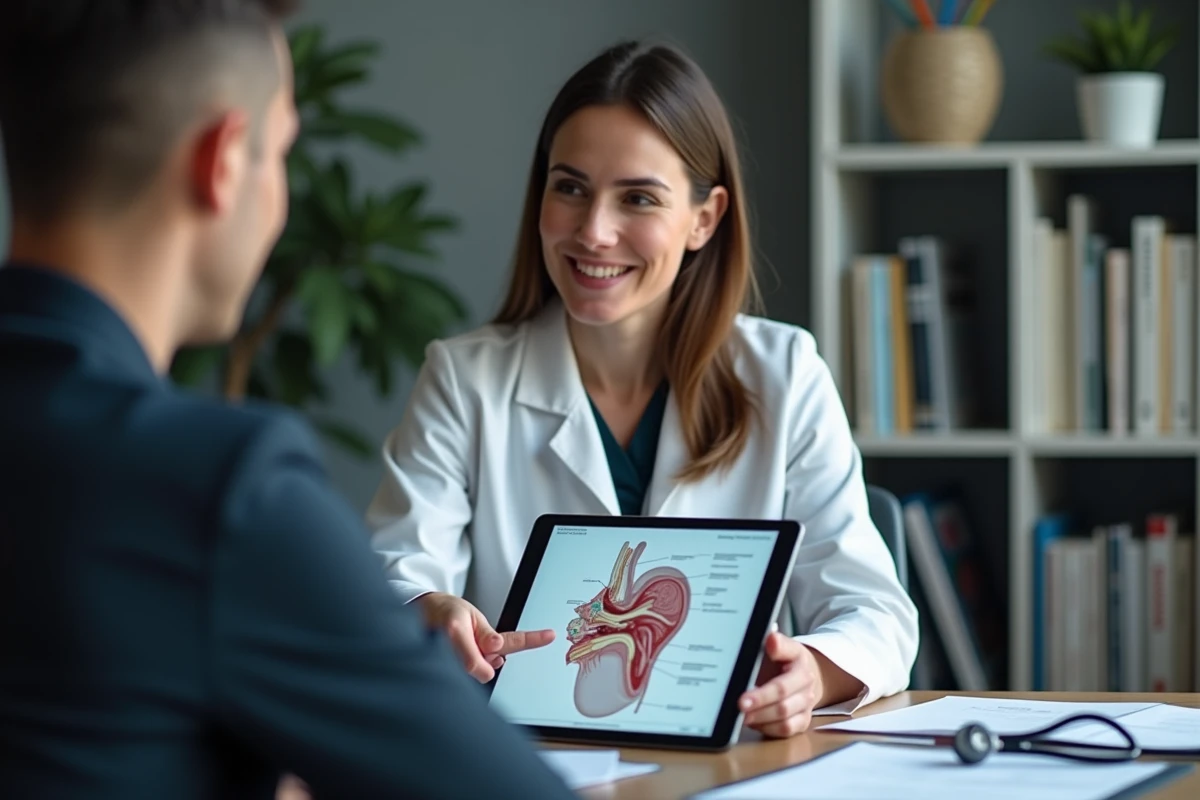Neurologue expliquant à sa patiente les différences entre névrite vestibulaire et maladie de Ménière à l'aide d'un schéma anatomique de l'oreille interne