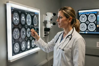 Neurologue féminine examinant des IRM cérébraux montrant des hypersignaux liés à la sclérose en plaques