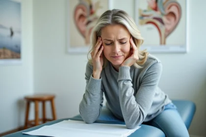 Femme d'âge moyen en consultation médicale exprimant des symptômes de névrite vestibulaire, main sur la tempe dans un cabinet médical moderne