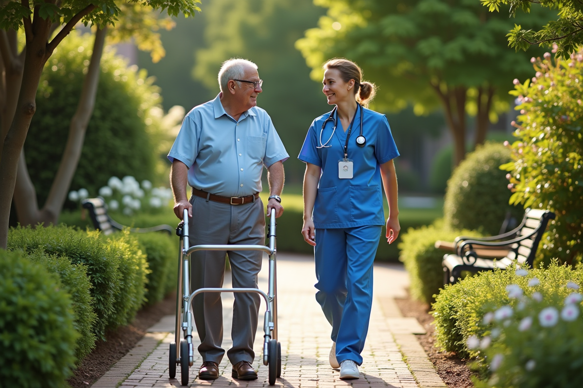 Infirmier discutant avec un senior dans un jardin