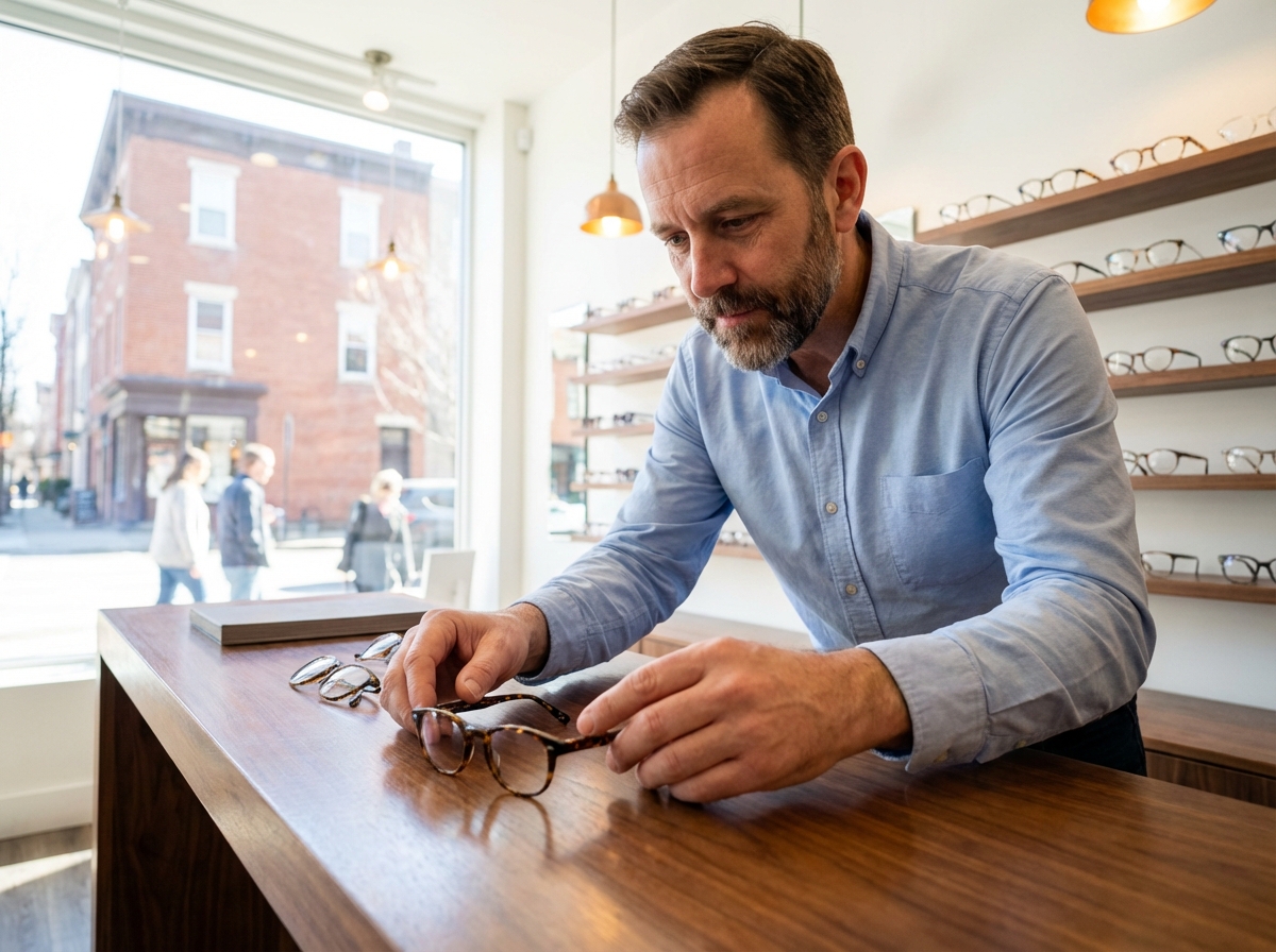 Opticien homme ajustant des montures dans sa boutique
