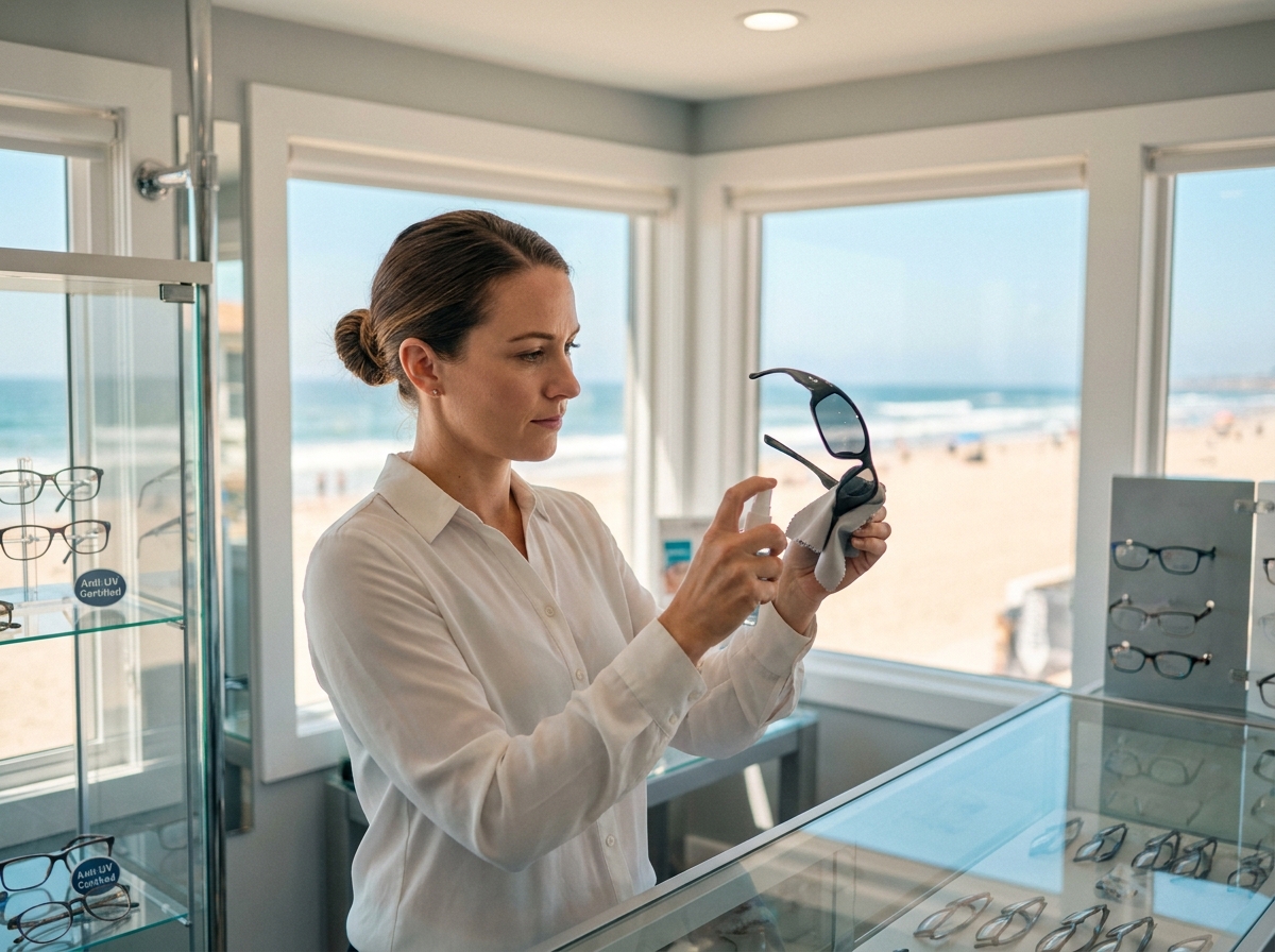 Opticienne inspectant des lunettes de soleil enveloppantes dans une boutique optique face à la plage