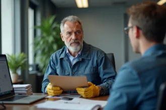 Ouvrier en uniforme de travail tenant un dossier médical face à un responsable RH dans un bureau d'entreprise, illustrant la prise en charge d'une maladie professionnelle