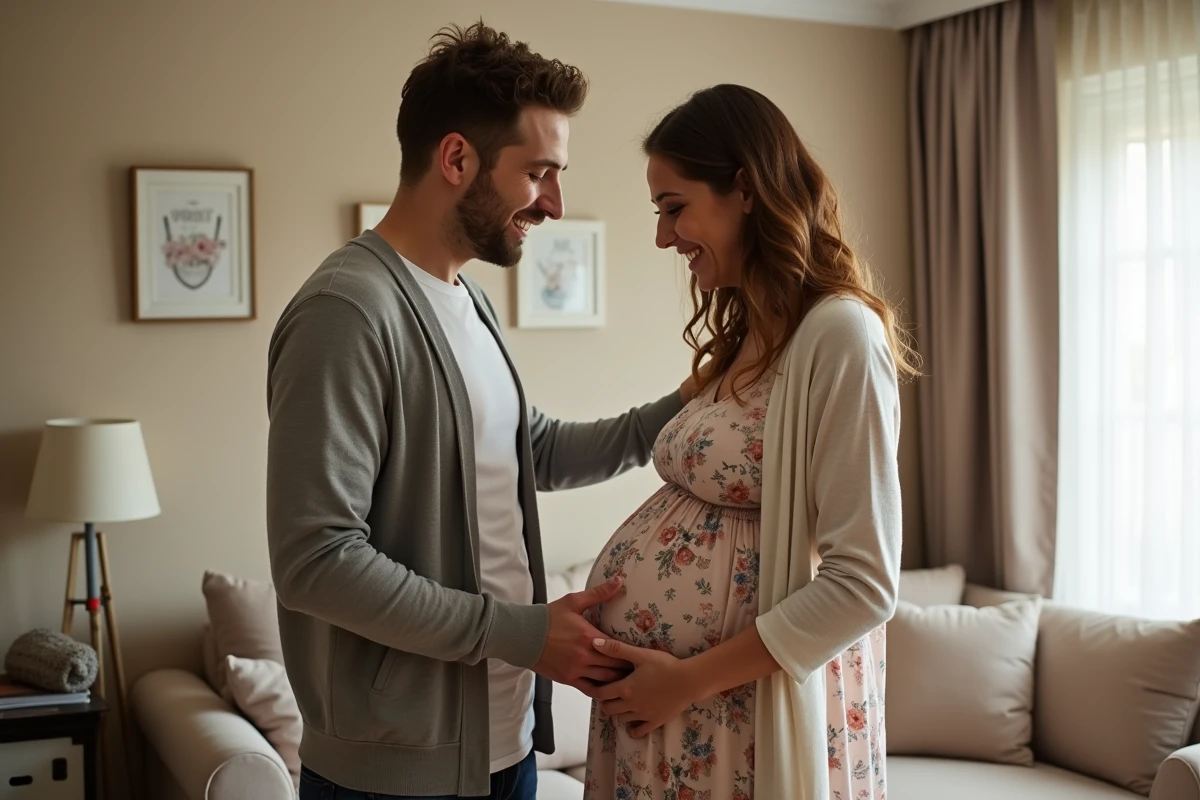 Père aidant sa partenaire enceinte dans un salon accueillant