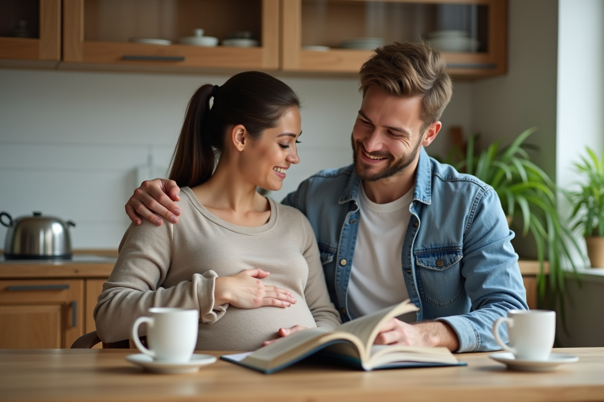 Futur papa lisant un livre de soins pour bébé à la table