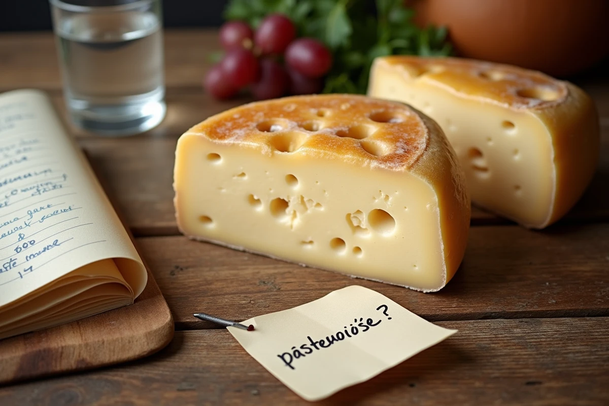 Gros plan sur un morceau de parmesan posé sur une table en bois avec un journal de grossesse ouvert, illustrant les précautions alimentaires pendant la grossesse