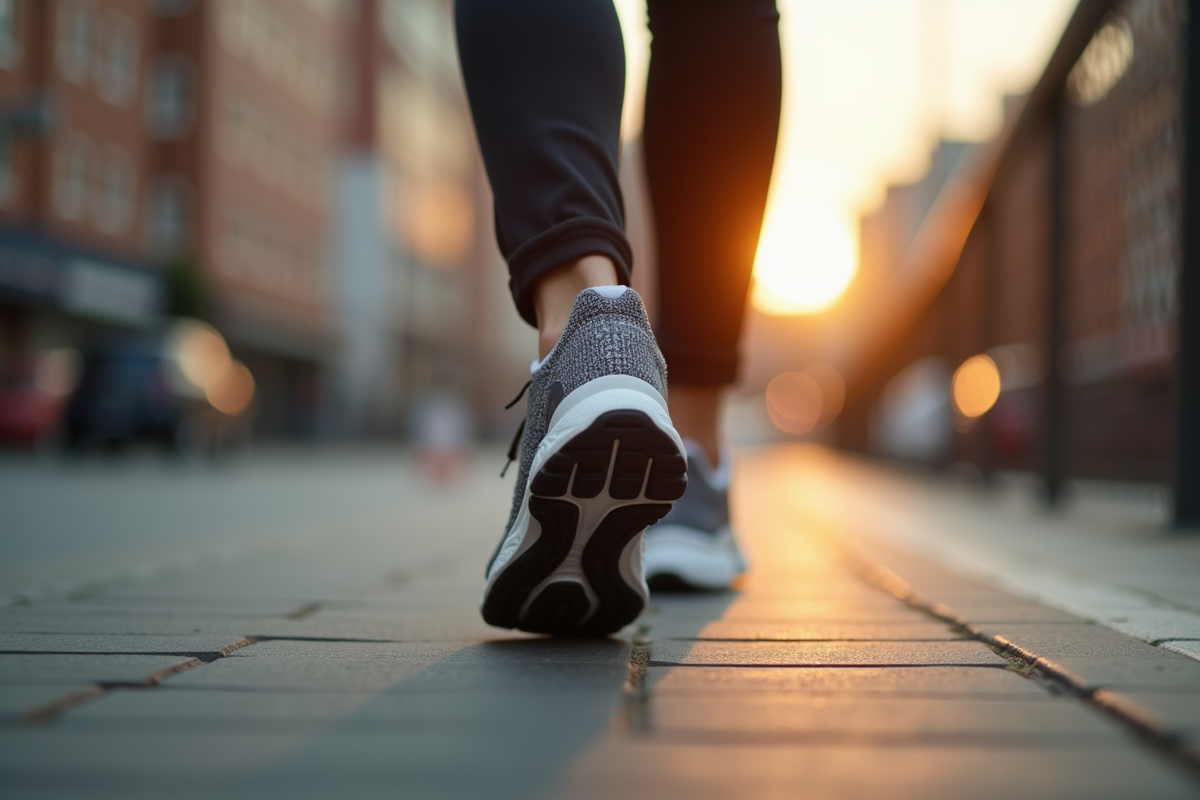 Pas de sneakers confortables avec montre connectee en ville
