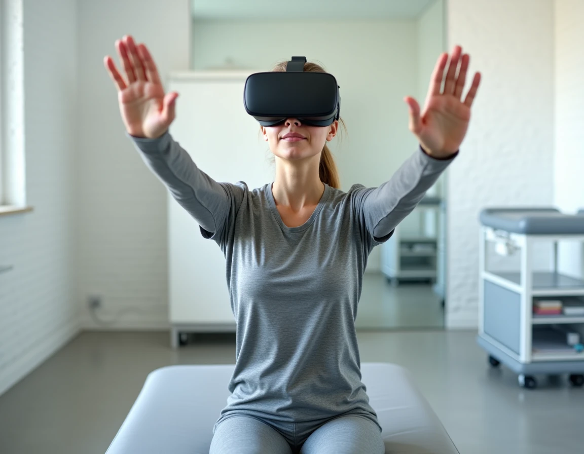 Patiente portant un casque de réalité virtuelle lors d'une séance de rééducation motrice en salle de kinésithérapie