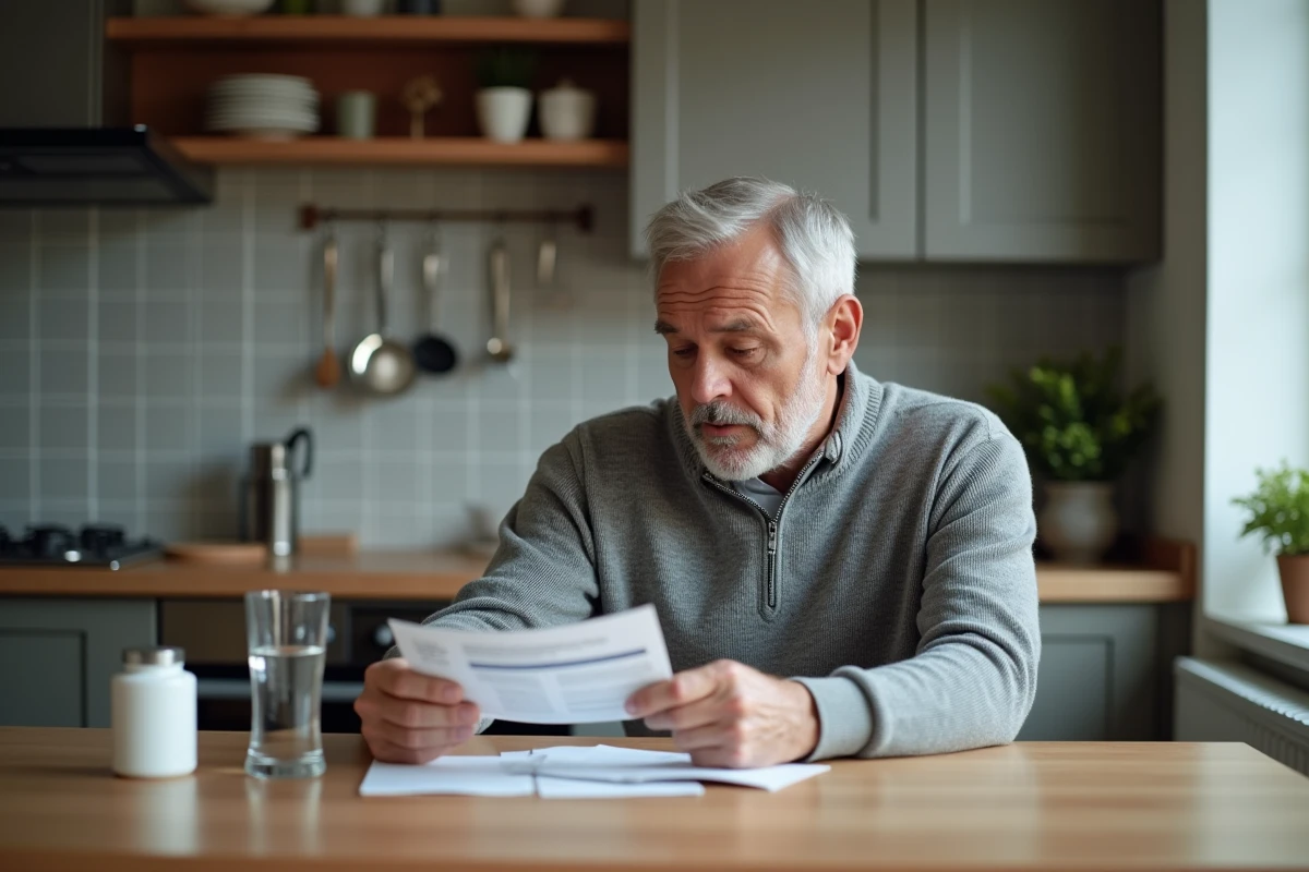 Patient à domicile lisant la notice d'un médicament posé sur une table de cuisine avec un verre d'eau