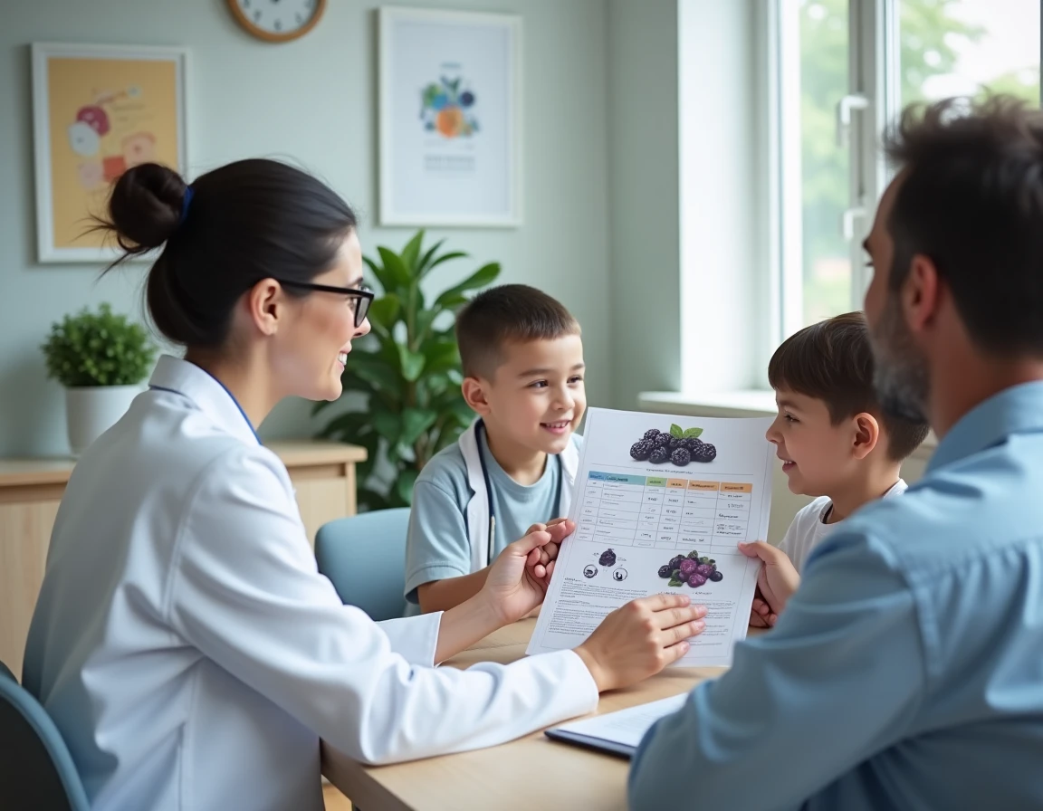 Pédiatre expliquant les effets des pruneaux sur la digestion des enfants à un père et son fils lors d'une consultation médicale
