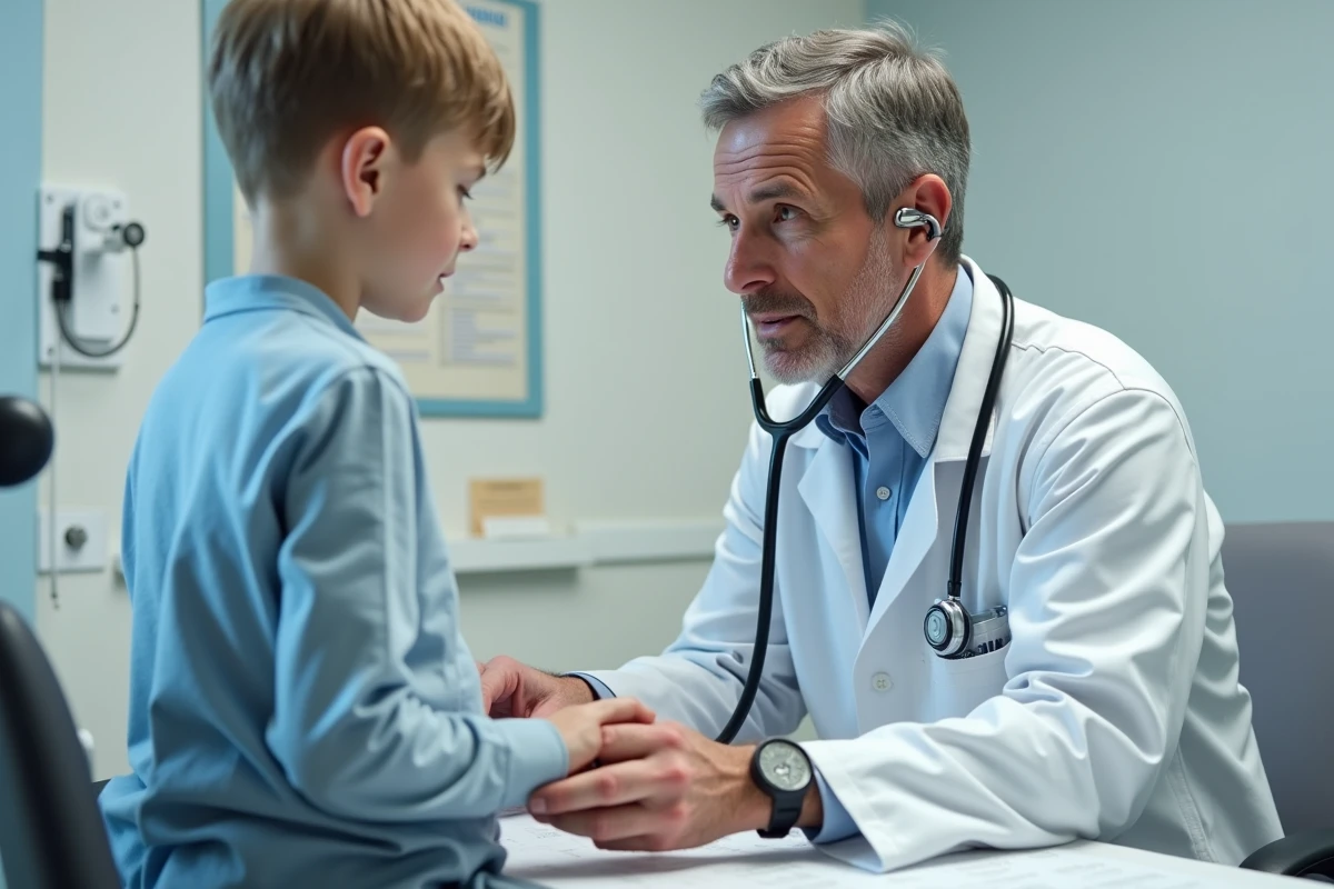 Pédiatre examinant un enfant à la toux avec un stéthoscope lors d'une consultation médicale