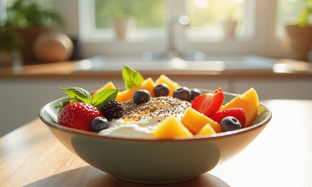 Bol de petit déjeuner coloré avec fruits et yaourt pour un matin sain