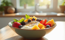 Bol de petit déjeuner coloré avec fruits et yaourt pour un matin sain