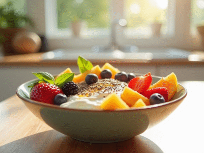 Bol de petit déjeuner coloré avec fruits et yaourt pour un matin sain