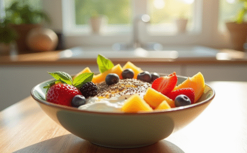 Bol de petit déjeuner coloré avec fruits et yaourt pour un matin sain