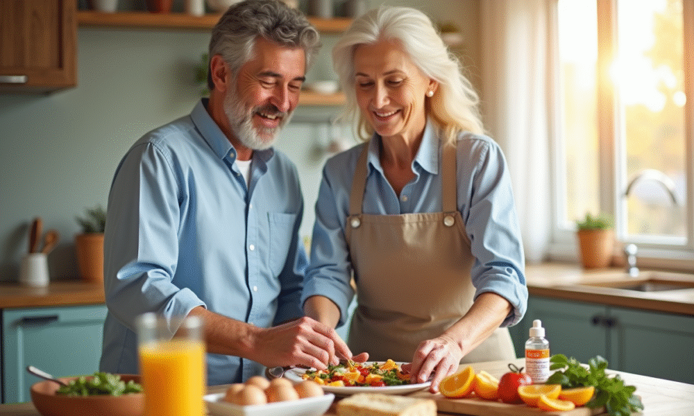 Couple senior préparant un petit déjeuner sain et coloré