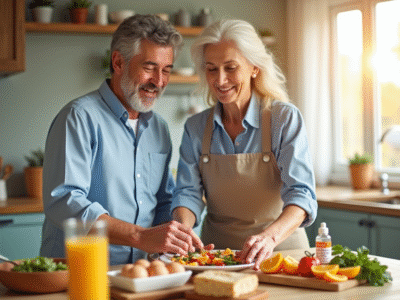Couple senior préparant un petit déjeuner sain et coloré