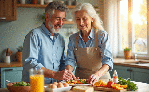 Couple senior préparant un petit déjeuner sain et coloré