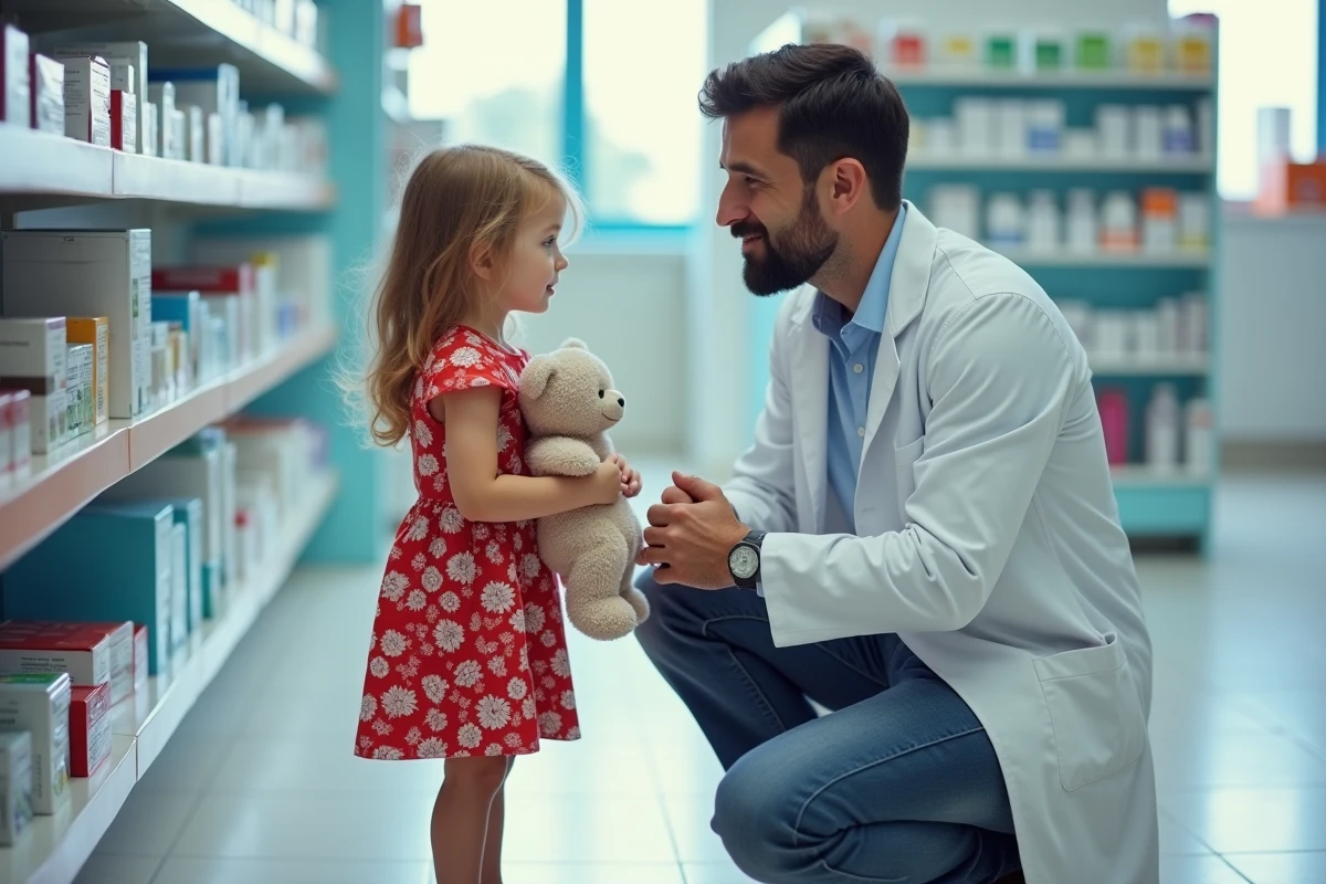 Pharmacien expliquant l'usage des probiotiques comme Ultra Levure à un enfant et son parent en pharmacie