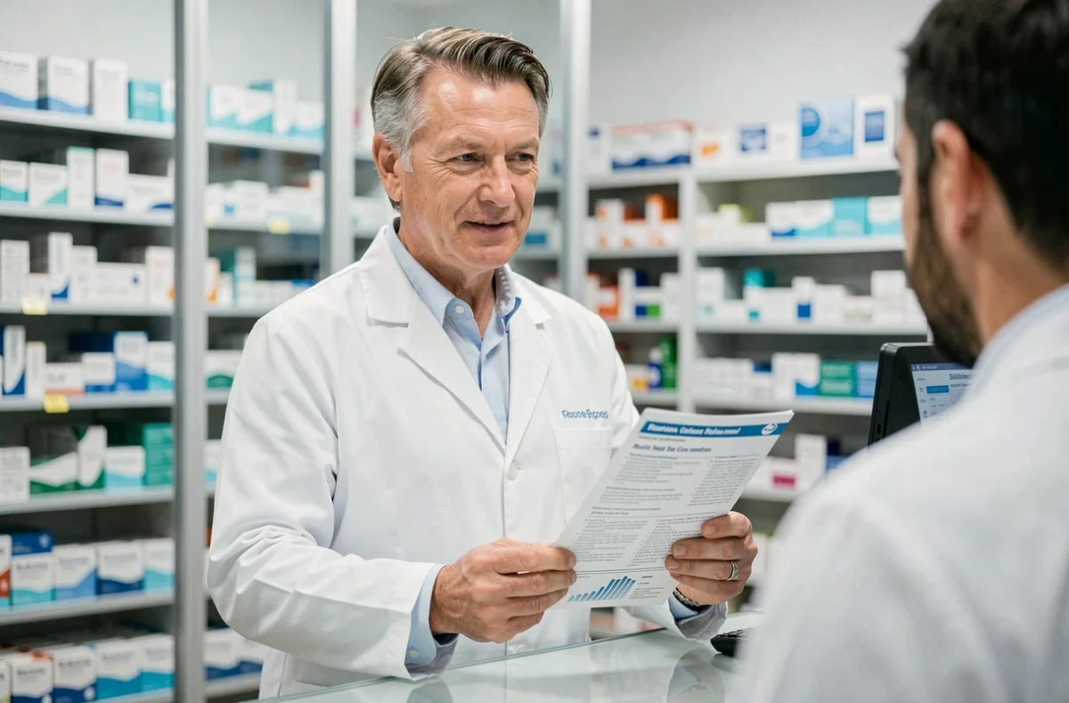 Pharmacien en blouse blanche expliquant les précautions d'un complément alimentaire à un client en pharmacie